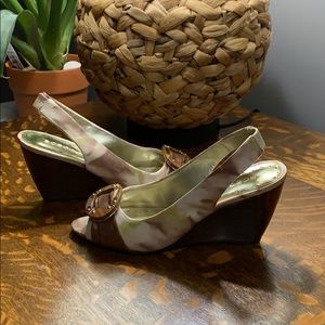 BCBGirls tan, brown and green Carella wedges.